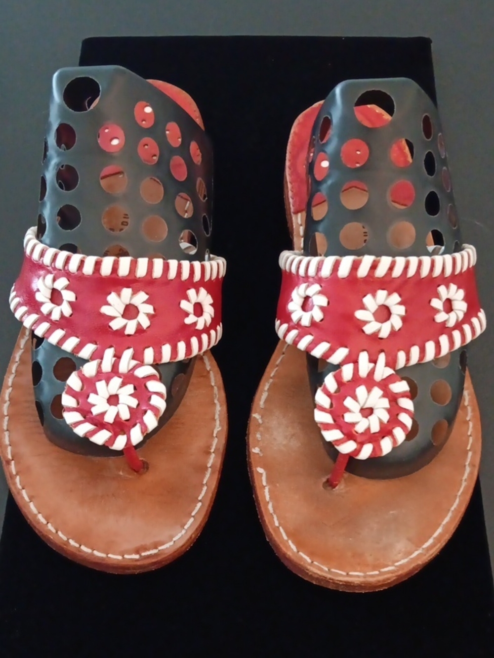 Palm Beach Red & White Leather Floral-Embellished Sandals